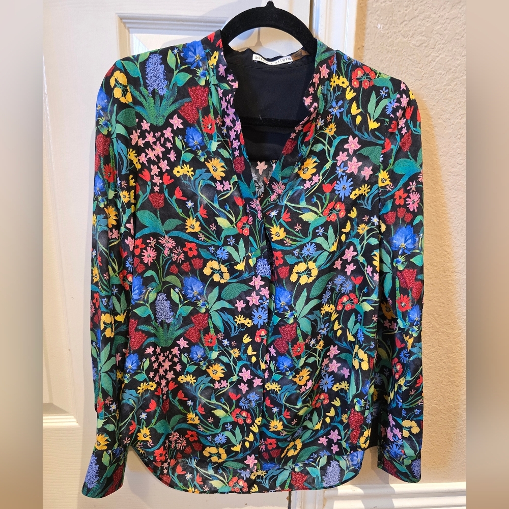Alice Olivia 100% Silk Blouse xS Wildflower Botanical Garden Print